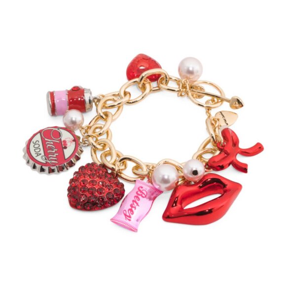 NWT BETSEY JOHNSON Love Spell Valentine's Charm Faux Pearl Gold Tone Bracelet